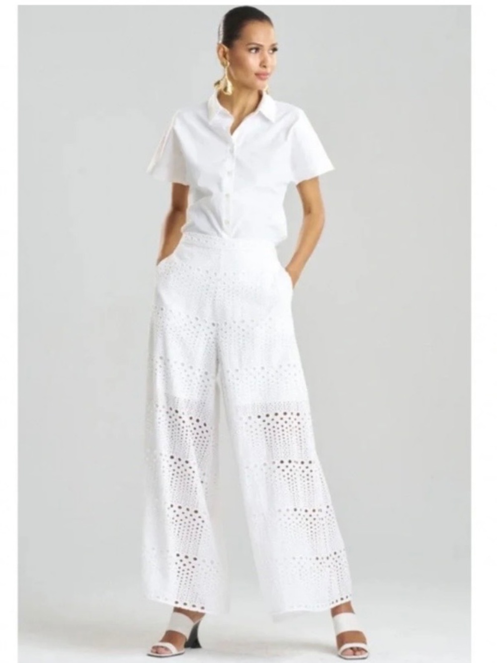NATORI Round Eyelet Wide Leg Pants White SZ XL